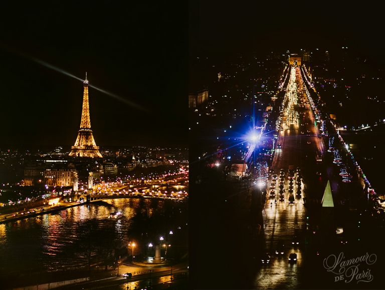 Landscape city views of Paris by night from the ferris wheel Roue de Paris