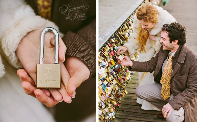 A couple locking their padlocks onto the Pont Des Arts bridge in Paris in a romantic tradition to celebrate their love.