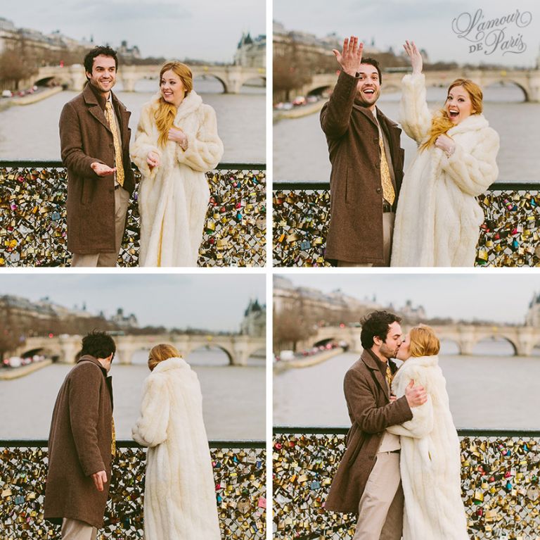 A couple locking their padlocks onto the Pont Des Arts bridge in Paris in a romantic tradition to celebrate their love.