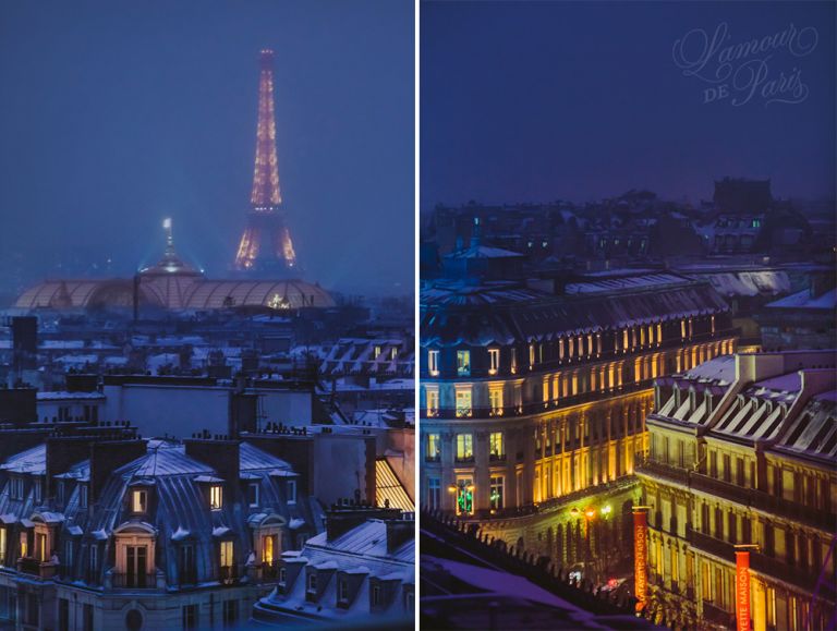 Snow covered rooftops of Paris photographed from the Galeries Lafayette terrace at night photographed by Stacy Reeves by Paris travel planning and photography blog L'Amour de Paris