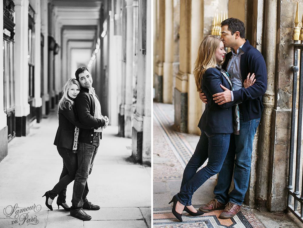 Romantic photo session of Allison and Ahmed around the Palais Royale and other historic landmarks of the City of Love by Paris portrait photographer Stacy Reeves for L'Amour de Paris photography studio.
