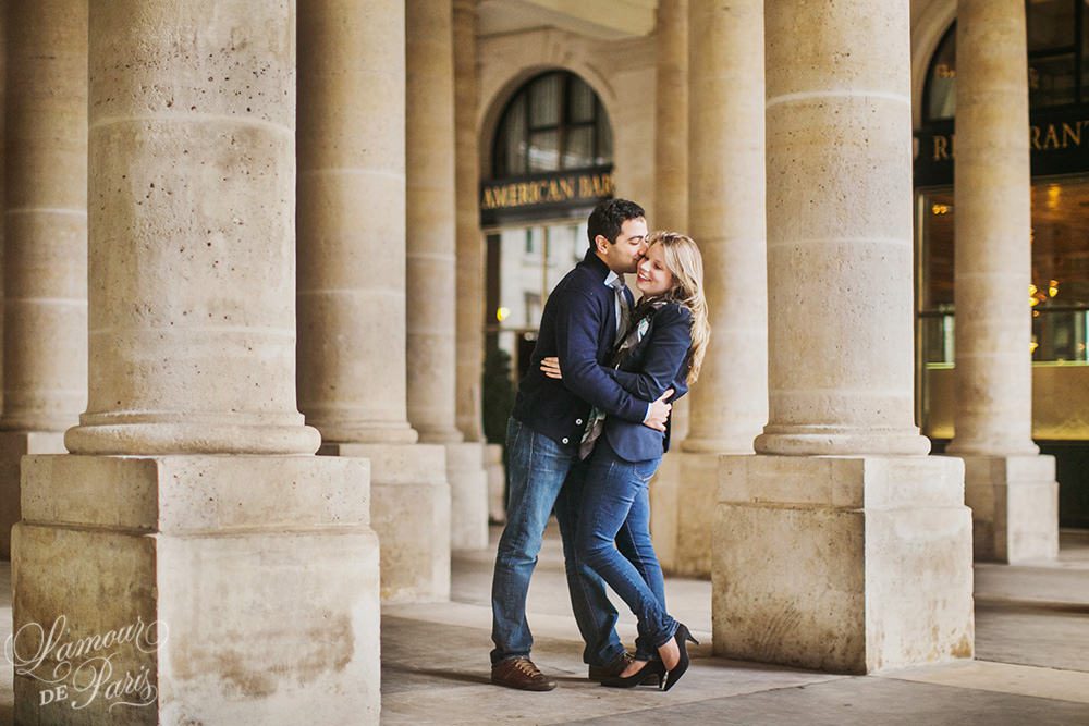 Romantic photo session of Allison and Ahmed around the Palais Royale and other historic landmarks of the City of Love by Paris portrait photographer Stacy Reeves for L'Amour de Paris photography studio.