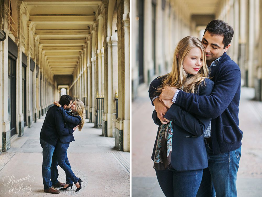 Romantic photo session of Allison and Ahmed around the Palais Royale and other historic landmarks of the City of Love by Paris portrait photographer Stacy Reeves for L'Amour de Paris photography studio.