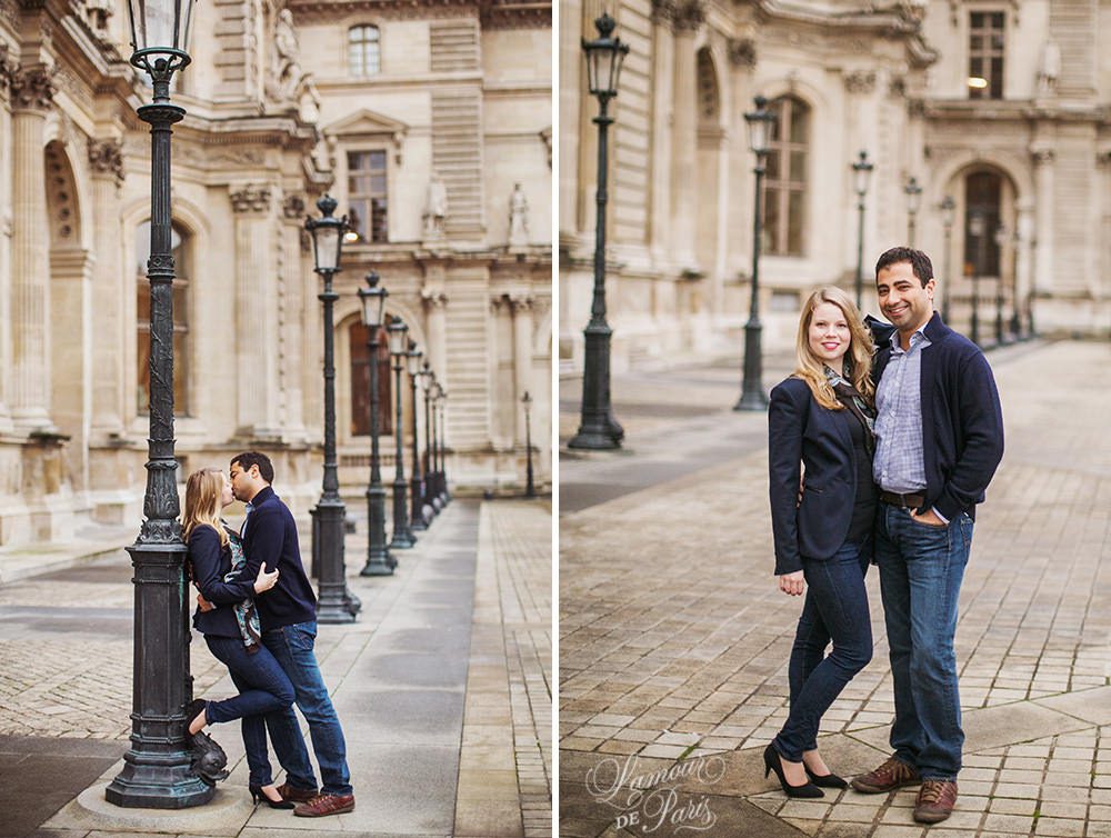 Romantic photo session of Allison and Ahmed around the Louvre and other historic landmarks of the City of Love by Paris portrait photographer Stacy Reeves for L'Amour de Paris photography studio.