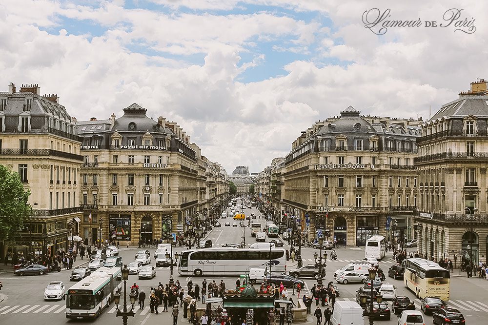 View from the balcony of the Opera Palais Garnier in Paris France by wedding photographer Stacy Reeves for L'Amour de Paris vacation planning blog