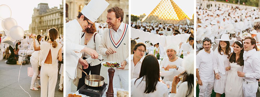 Diner en Blanc, also known as Diner in White, a top secret invitiation-only flash mob in Paris, France where 11,000 people dressed entirely in white clothes spontaneously set up tables and chairs in front of historic landmarks one night a year. The 2013 Diner en blanc, held on July 13, took place in the Louvre courtyard and by the Trocadero fountains in front of the Eiffel Tower. Photographed by Paris wedding and portrait photographer Stacy Reeves for vacation planning blog L'Amour de Paris.