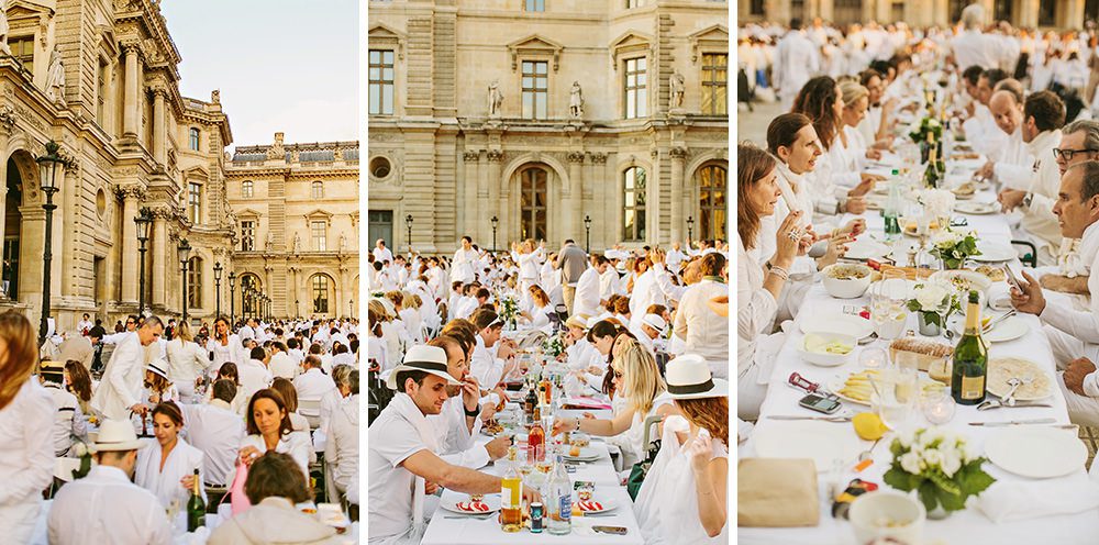 Diner en Blanc, also known as Diner in White, a top secret invitiation-only flash mob in Paris, France where 11,000 people dressed entirely in white clothes spontaneously set up tables and chairs in front of historic landmarks one night a year. The 2013 Diner en blanc, held on July 13, took place in the Louvre courtyard and by the Trocadero fountains in front of the Eiffel Tower. Photographed by Paris wedding and portrait photographer Stacy Reeves for vacation planning blog L'Amour de Paris.