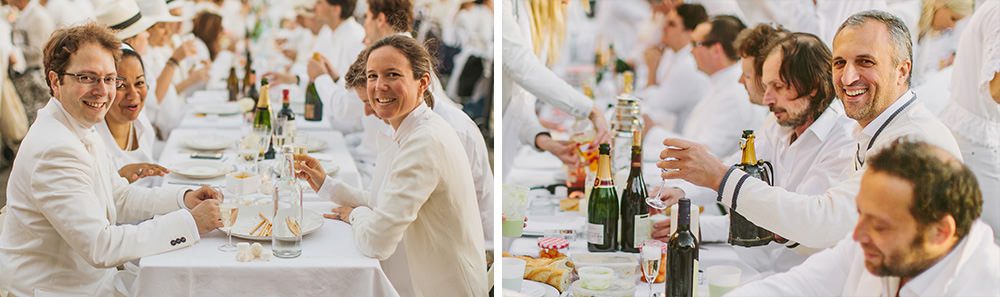 Diner en Blanc, also known as Diner in White, a top secret invitiation-only flash mob in Paris, France where 11,000 people dressed entirely in white clothes spontaneously set up tables and chairs in front of historic landmarks one night a year. The 2013 Diner en blanc, held on July 13, took place in the Louvre courtyard and by the Trocadero fountains in front of the Eiffel Tower. Photographed by Paris wedding and portrait photographer Stacy Reeves for vacation planning blog L'Amour de Paris.