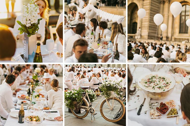 Diner en Blanc, also known as Diner in White, a top secret invitiation-only flash mob in Paris, France where 11,000 people dressed entirely in white clothes spontaneously set up tables and chairs in front of historic landmarks one night a year. The 2013 Diner en blanc, held on July 13, took place in the Louvre courtyard and by the Trocadero fountains in front of the Eiffel Tower. Photographed by Paris wedding and portrait photographer Stacy Reeves for vacation planning blog L'Amour de Paris.