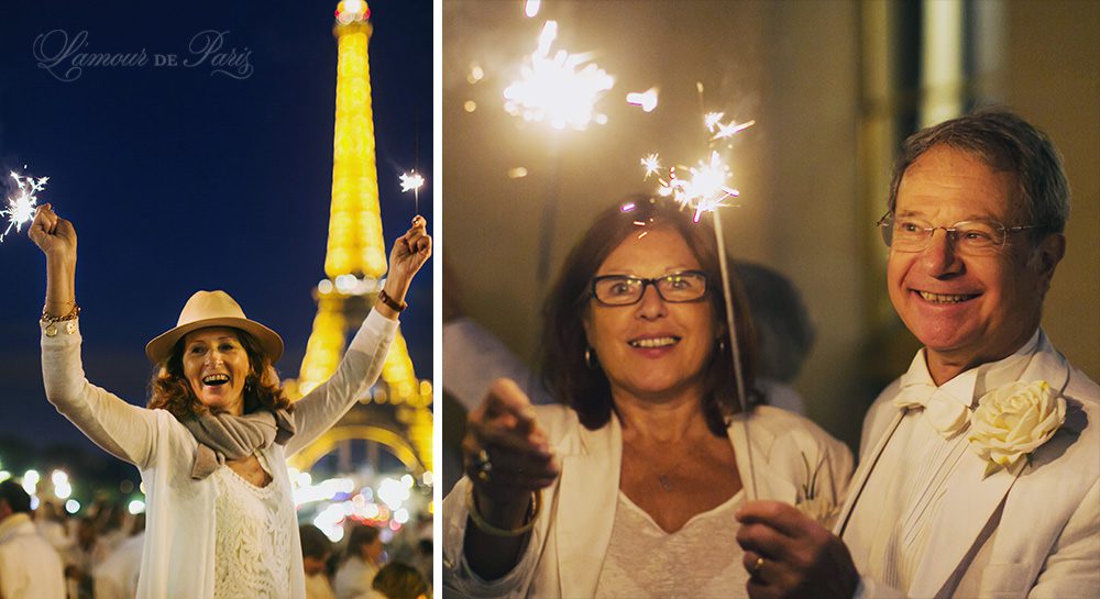 Diner en Blanc, also known as Diner in White, a top secret invitiation-only flash mob in Paris, France where 11,000 people dressed entirely in white clothes spontaneously set up tables and chairs in front of historic landmarks one night a year. The 2013 Diner en blanc, held on July 13, took place in the Louvre courtyard and by the Trocadero fountains in front of the Eiffel Tower. Photographed by Paris wedding and portrait photographer Stacy Reeves for vacation planning blog L'Amour de Paris.