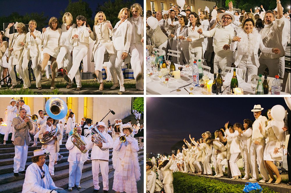 Diner en Blanc, also known as Diner in White, a top secret invitiation-only flash mob in Paris, France where 11,000 people dressed entirely in white clothes spontaneously set up tables and chairs in front of historic landmarks one night a year. The 2013 Diner en blanc, held on July 13, took place in the Louvre courtyard and by the Trocadero fountains in front of the Eiffel Tower. Photographed by Paris wedding and portrait photographer Stacy Reeves for vacation planning blog L'Amour de Paris.