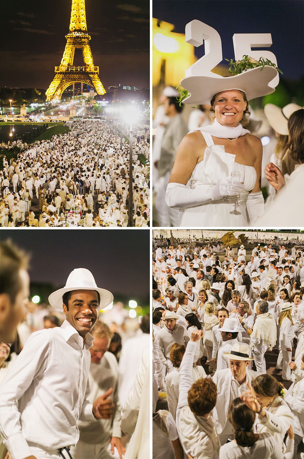 Diner en Blanc, also known as Diner in White, a top secret invitiation-only flash mob in Paris, France where 11,000 people dressed entirely in white clothes spontaneously set up tables and chairs in front of historic landmarks one night a year. The 2013 Diner en blanc, held on July 13, took place in the Louvre courtyard and by the Trocadero fountains in front of the Eiffel Tower. Photographed by Paris wedding and portrait photographer Stacy Reeves for vacation planning blog L'Amour de Paris.