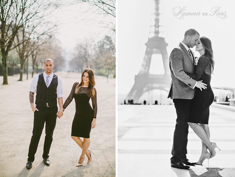Portrait photo session of Claire and Jason Anderson around the Champ de Mars and the Eiffel Tower by Paris wedding and portrait photographer Stacy Reeves for travel planning blog L'Amour de Paris