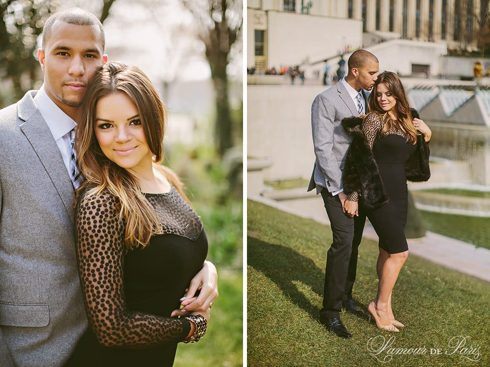 Portrait photo session of Claire and Jason Anderson around the Champ de Mars and the Eiffel Tower by Paris wedding and portrait photographer Stacy Reeves for travel planning blog L'Amour de Paris