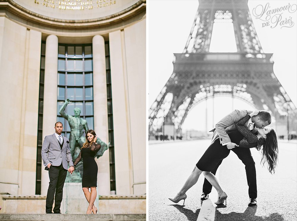 Portrait photo session of Claire and Jason Anderson around the Champ de Mars and the Eiffel Tower by Paris wedding and portrait photographer Stacy Reeves for travel planning blog L'Amour de Paris