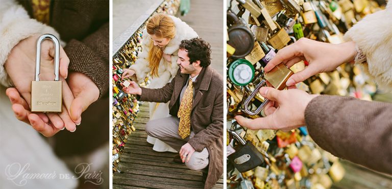 Photographs of a couple eloping in Paris and placing love locks on the Pont des Arts bridge by Paris wedding photographer Stacy Reeves for portrait photo studio and vacation planning blog L'Amour de Paris.