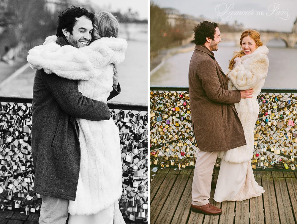 Photographs of a couple eloping in Paris and placing love locks on the Pont des Arts bridge by Paris wedding photographer Stacy Reeves for portrait photo studio and vacation planning blog L'Amour de Paris.