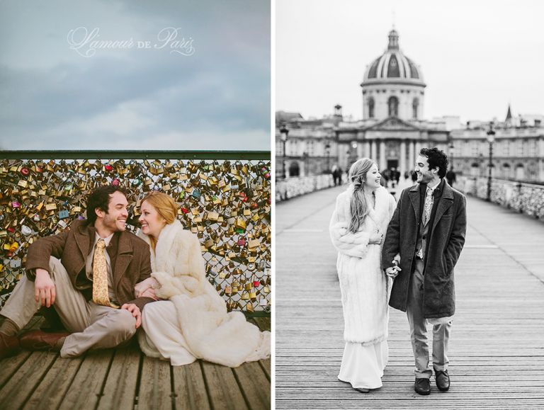 Photographs of a couple eloping in Paris and placing love locks on the Pont des Arts bridge by Paris wedding photographer Stacy Reeves for portrait photo studio and vacation planning blog L'Amour de Paris.