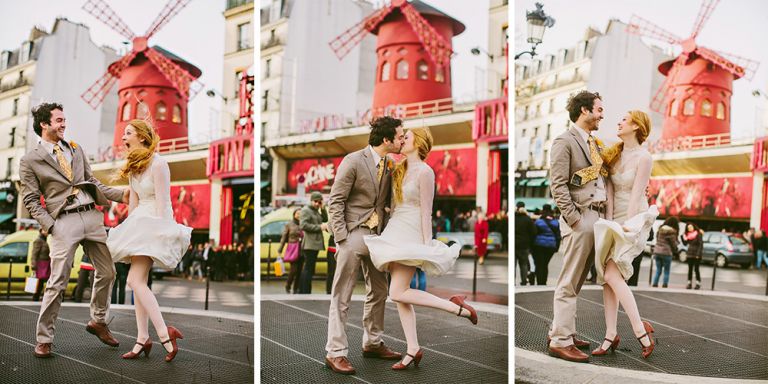 Photographs of a couple eloping in Paris at the Moulin Rouge windmill burlesque show by Paris wedding photographer Stacy Reeves for portrait photo studio and vacation planning blog L'Amour de Paris.