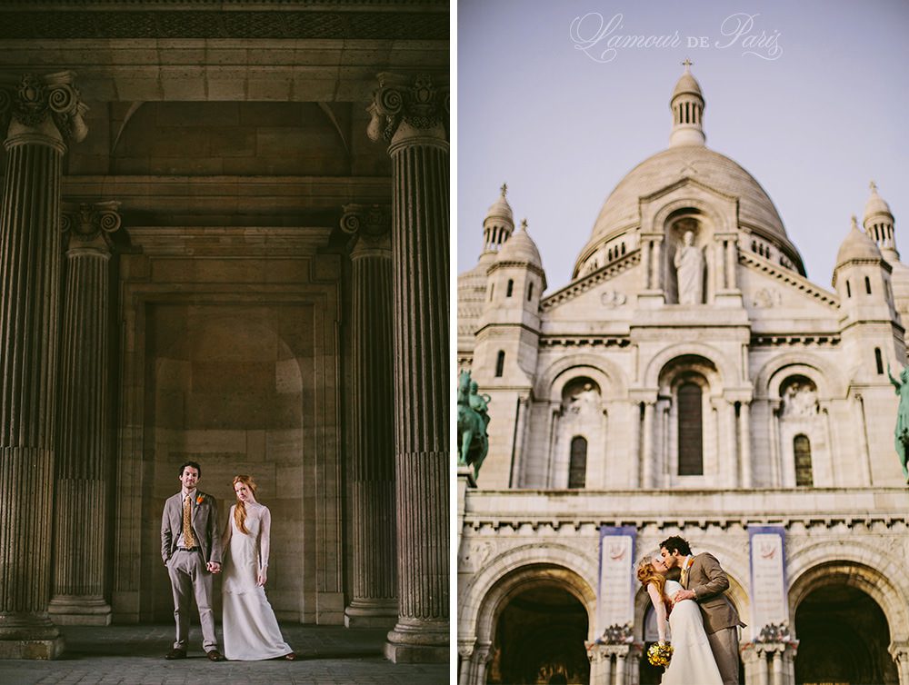 Photographs of a couple eloping in Paris at Sacre Coeur church in Montmartre by Paris wedding photographer Stacy Reeves for portrait photo studio and vacation planning blog L'Amour de Paris.