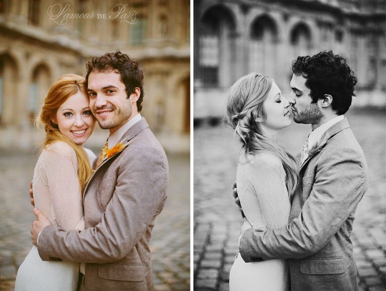 Photographs of a couple eloping in Paris at the Musee du Louvre Museum by Paris wedding photographer Stacy Reeves for portrait photo studio and vacation planning blog L'Amour de Paris.