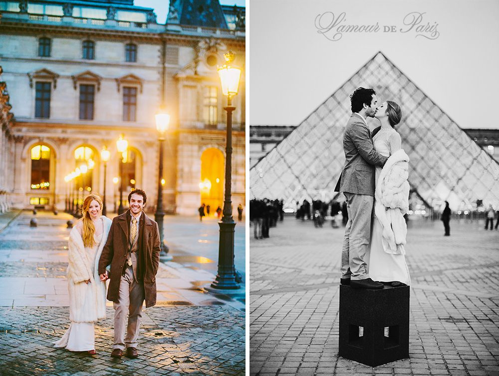 Photographs of a couple eloping in Paris at the Musee du Louvre Museum by Paris wedding photographer Stacy Reeves for portrait photo studio and vacation planning blog L'Amour de Paris.