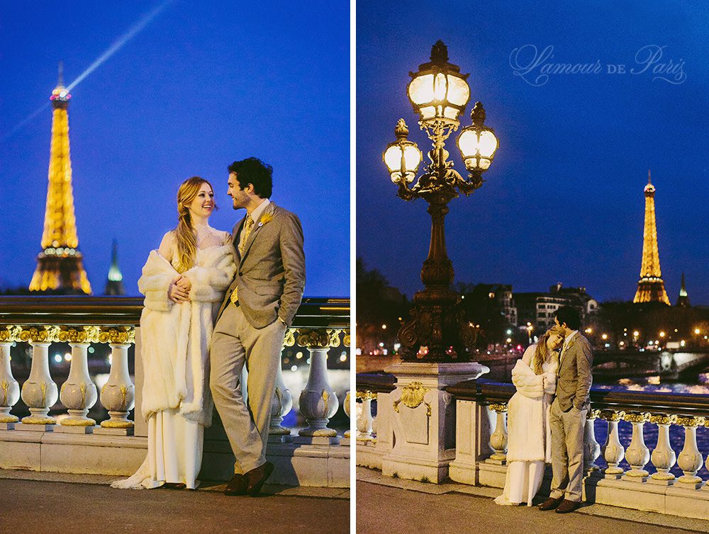 Photographs of a couple eloping in Paris at the Pont Alexander III bridge with a view of the Eiffel Tower by Paris wedding photographer Stacy Reeves for portrait photo studio and vacation planning blog L'Amour de Paris.