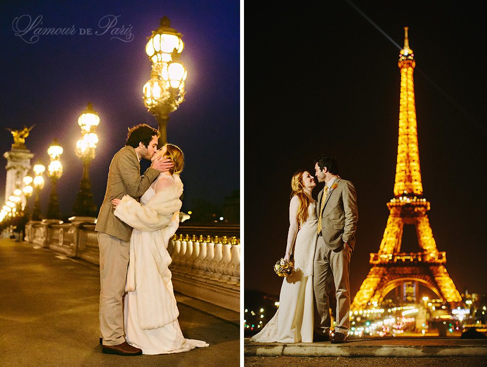 Photographs of a couple eloping in Paris at the Pont Alexander III bridge with a view of the Eiffel Tower by Paris wedding photographer Stacy Reeves for portrait photo studio and vacation planning blog L'Amour de Paris.