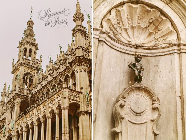 Town Hall and Mannekin Pis on the Grand Place in Brussels, Belgium