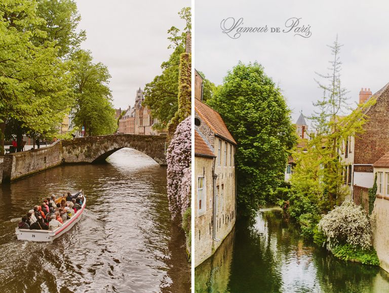 Tourist sightseeing boats on the canals in Brugge or Bruges, Belgium