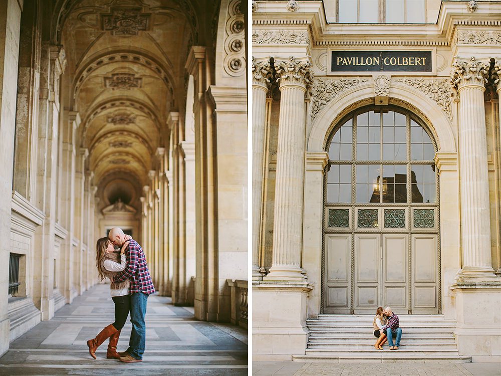 Romantic portraits at the Louvre, Pont des Arts Bridge, and Seine River in Paris by wedding photographer Stacy Reeves
