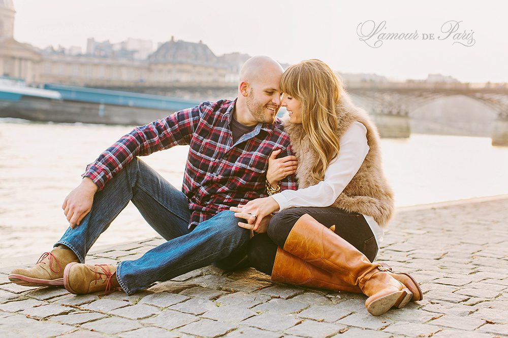Romantic portraits at the Louvre, Pont des Arts Bridge, and Seine River in Paris by wedding photographer Stacy Reeves