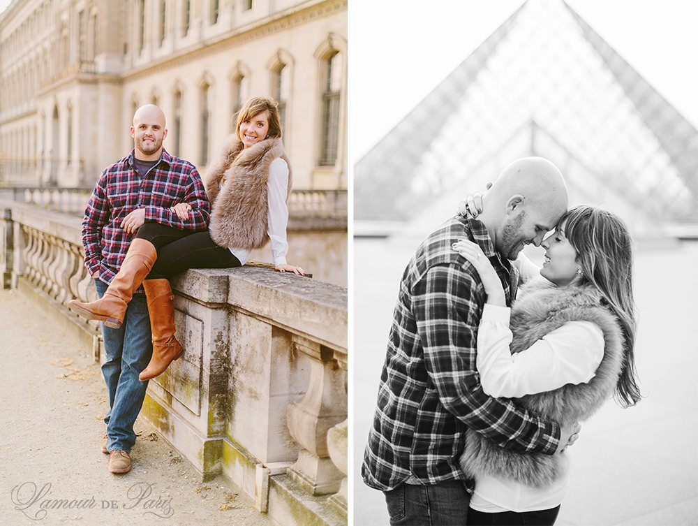 Romantic portraits at the Louvre, Pont des Arts Bridge, and Seine River in Paris by wedding photographer Stacy Reeves