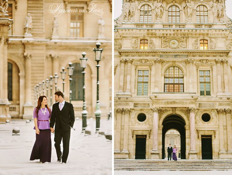 Couples portrait session at the Louvre in Paris during snow in winter