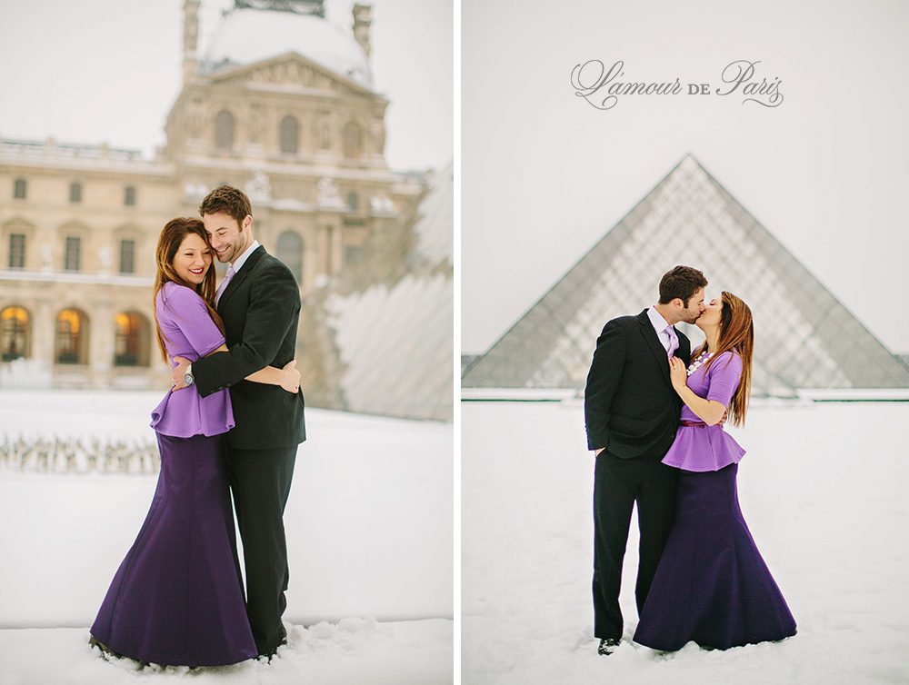 Couples portrait session at the Louvre in Paris during snow in winter