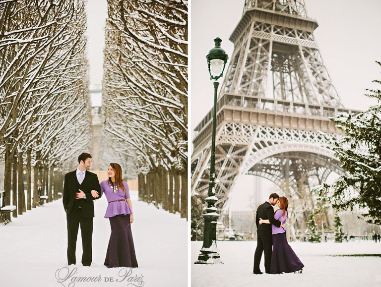 Couples portrait session at the Eiffel Tower in Paris during snow in winter