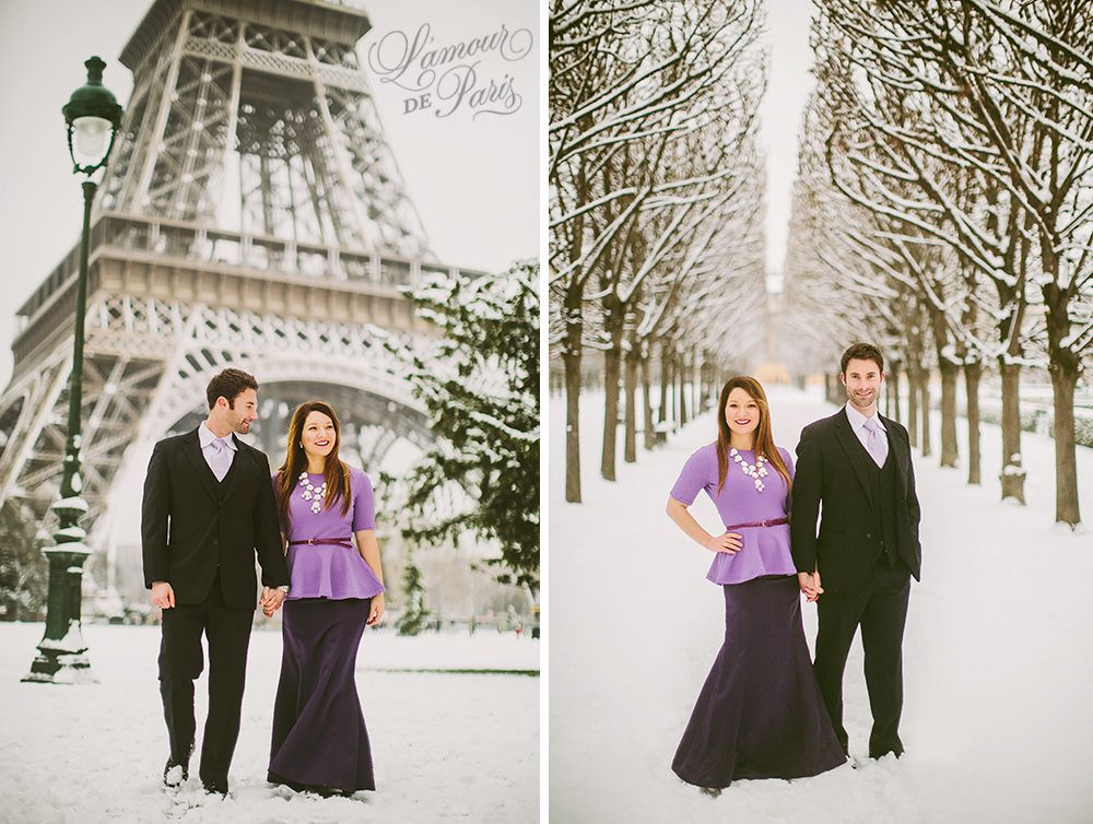 Couples portrait session at the Eiffel Tower in Paris during snow in winter