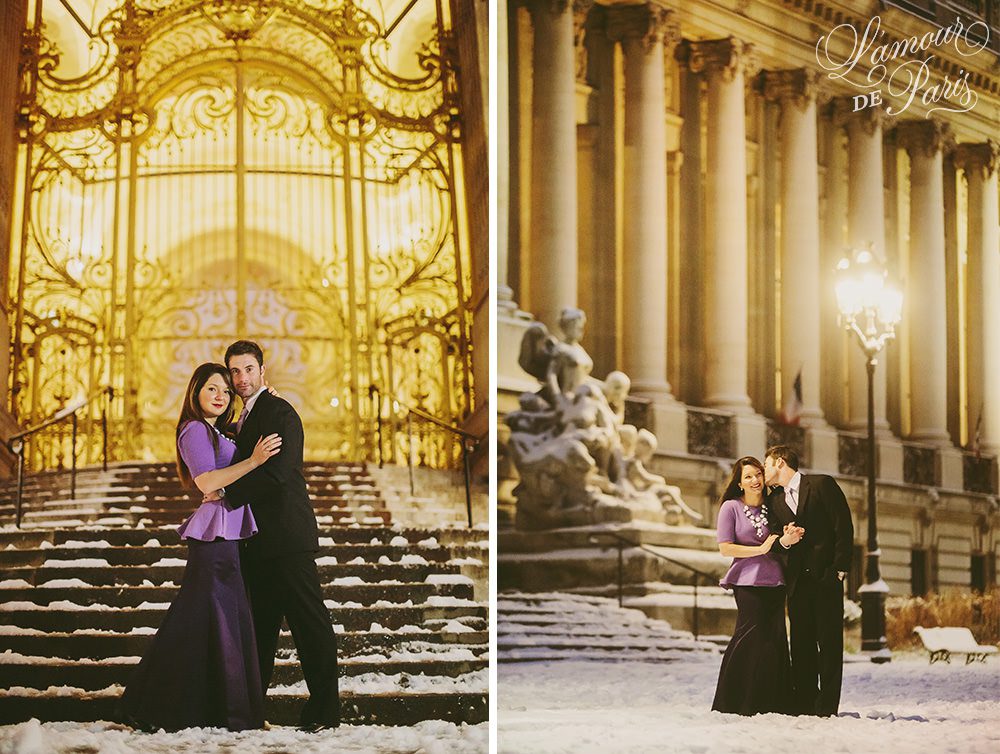 Couples portrait session at the Grand Palais in Paris during snow in winter