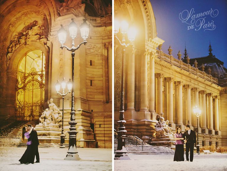 Couples portrait session at the Grand Palais in Paris during snow in winter