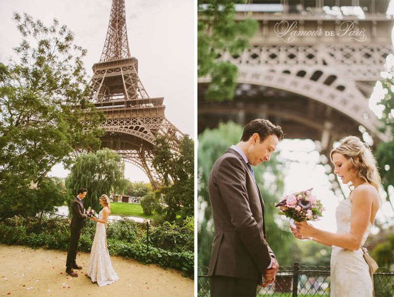 Paris elopement wedding ceremony at the Eiffel Tower, portrait photography at the Pont Alexandre III, Notre Dame de Paris, Pont des Arts love lock bridge, and a first dance and cake cutting at the Louvre at night. Photography by Stacy Reeves for destination wedding blog Lamour de Paris.