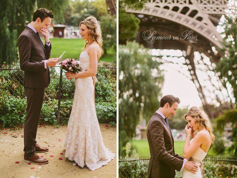 Paris elopement wedding ceremony at the Eiffel Tower, portrait photography at the Pont Alexandre III, Notre Dame de Paris, Pont des Arts love lock bridge, and a first dance and cake cutting at the Louvre at night. Photography by Stacy Reeves for destination wedding blog Lamour de Paris.