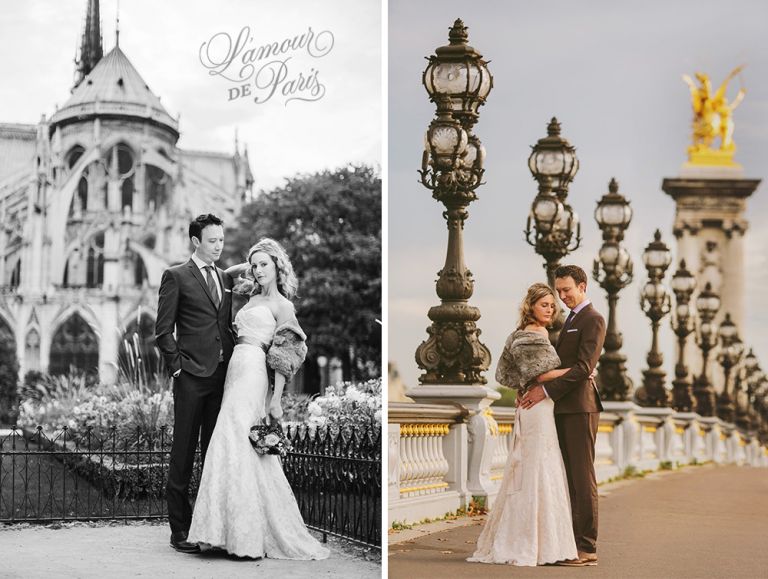 Paris elopement wedding ceremony at the Eiffel Tower, portrait photography at the Pont Alexandre III, Notre Dame de Paris, Pont des Arts love lock bridge, and a first dance and cake cutting at the Louvre at night. Photography by Stacy Reeves for destination wedding blog Lamour de Paris.