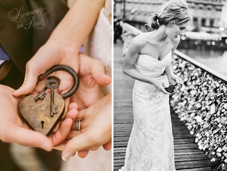 Paris elopement wedding ceremony at the Eiffel Tower, portrait photography at the Pont Alexandre III, Notre Dame de Paris, Pont des Arts love lock bridge, and a first dance and cake cutting at the Louvre at night. Photography by Stacy Reeves for destination wedding blog Lamour de Paris.