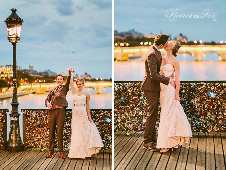 Paris elopement wedding ceremony at the Eiffel Tower, portrait photography at the Pont Alexandre III, Notre Dame de Paris, Pont des Arts love lock bridge, and a first dance and cake cutting at the Louvre at night. Photography by Stacy Reeves for destination wedding blog Lamour de Paris.