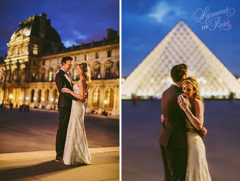 Paris elopement wedding ceremony at the Eiffel Tower, portrait photography at the Pont Alexandre III, Notre Dame de Paris, Pont des Arts love lock bridge, and a first dance and cake cutting at the Louvre at night. Photography by Stacy Reeves for destination wedding blog Lamour de Paris.