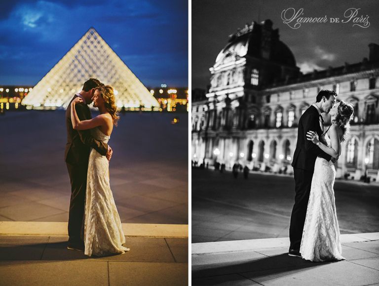 Paris elopement wedding ceremony at the Eiffel Tower, portrait photography at the Pont Alexandre III, Notre Dame de Paris, Pont des Arts love lock bridge, and a first dance and cake cutting at the Louvre at night. Photography by Stacy Reeves for destination wedding blog Lamour de Paris.