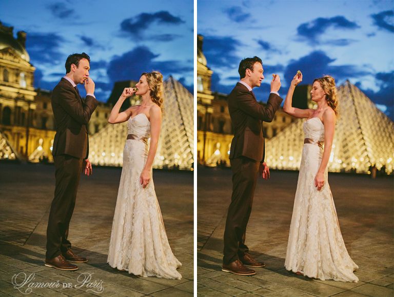 Paris elopement wedding ceremony at the Eiffel Tower, portrait photography at the Pont Alexandre III, Notre Dame de Paris, Pont des Arts love lock bridge, and a first dance and cake cutting at the Louvre at night. Photography by Stacy Reeves for destination wedding blog Lamour de Paris.