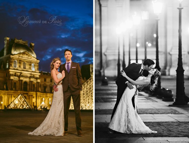 Paris elopement wedding ceremony at the Eiffel Tower, portrait photography at the Pont Alexandre III, Notre Dame de Paris, Pont des Arts love lock bridge, and a first dance and cake cutting at the Louvre at night. Photography by Stacy Reeves for destination wedding blog Lamour de Paris.