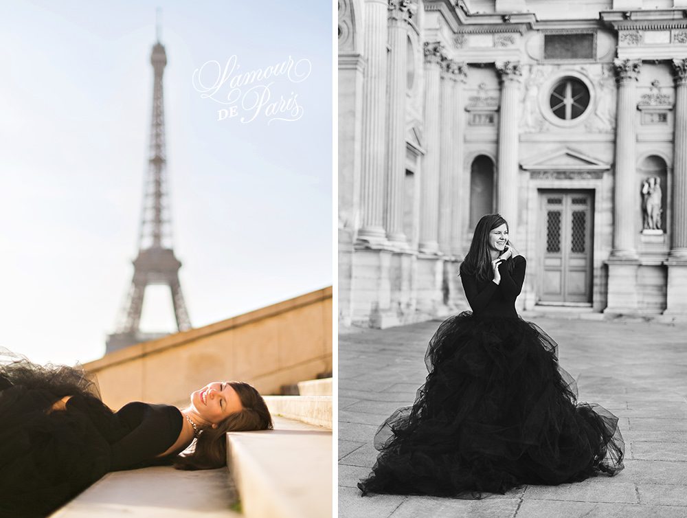 Glamorous black lace and tulle fashion gown photoshoot portait photo session in Paris near the Louvre and Eiffel Tower with Lauren Knight of Aspiring Kennedy