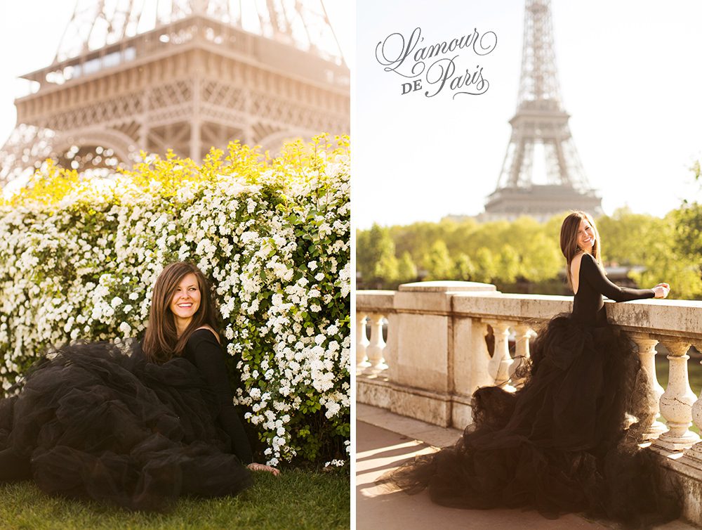 Glamorous black lace and tulle fashion gown photoshoot portait photo session in Paris near the Louvre and Eiffel Tower with Lauren Knight of Aspiring Kennedy